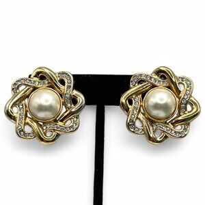Vintage BUTLER Large Pearl and Rhinestone Clip-On Earrings Pave Gold Tone